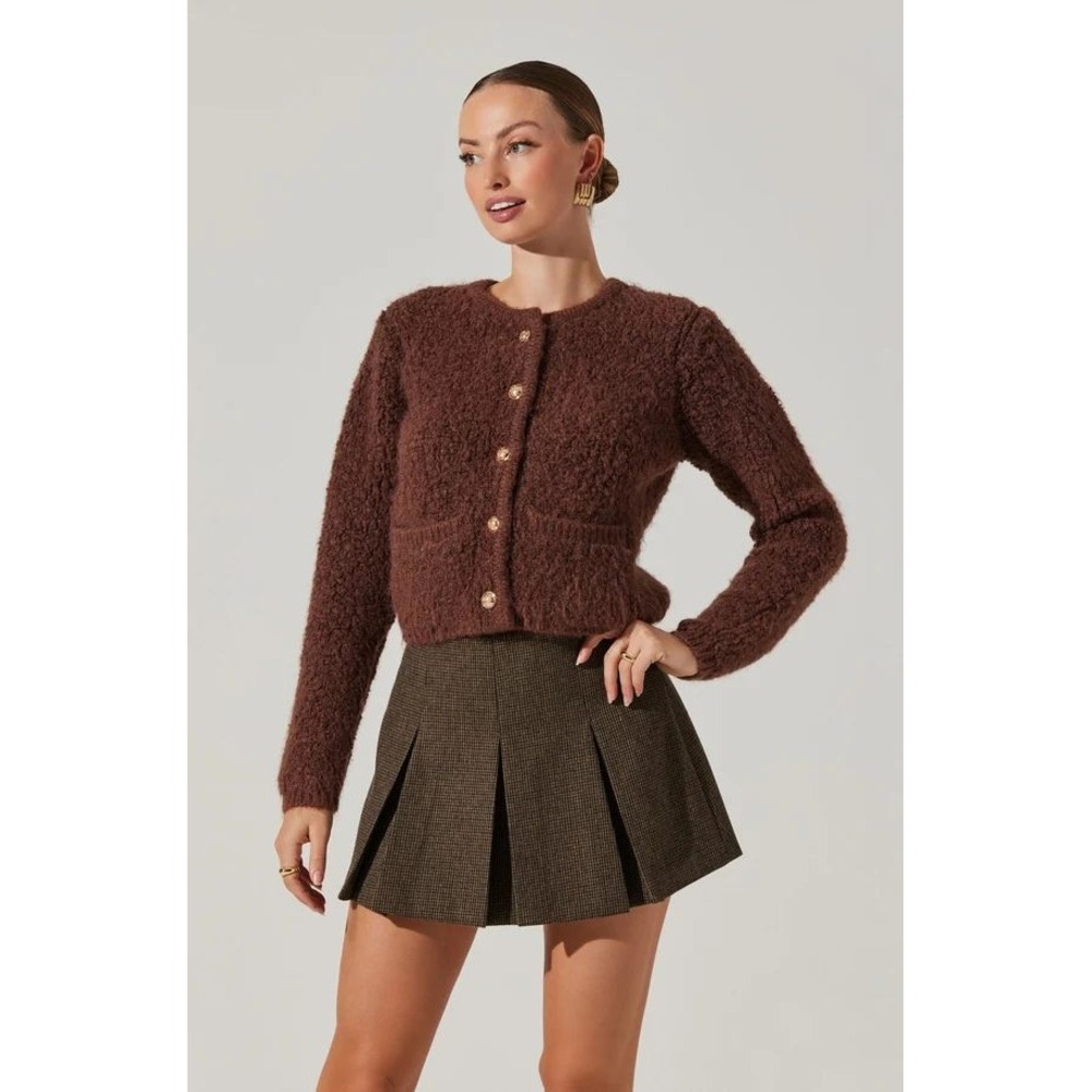 ASTR the Label Myrtle Wool Blend Cardigan Brown Gold Button Cropped Sweater L